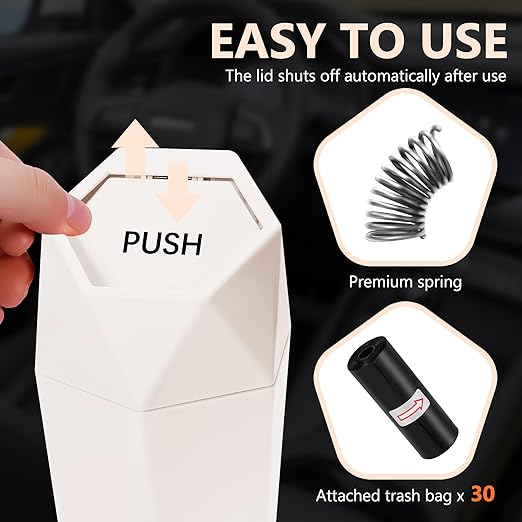 Car Trash Can with Lid - 2-Pack, Interior Accessories for Vehicles, Leakproof Garbage Can with 30 Detachable Trash Bags, Multipurpose Organizers and Storage Solutions for Home and Office (Beige)