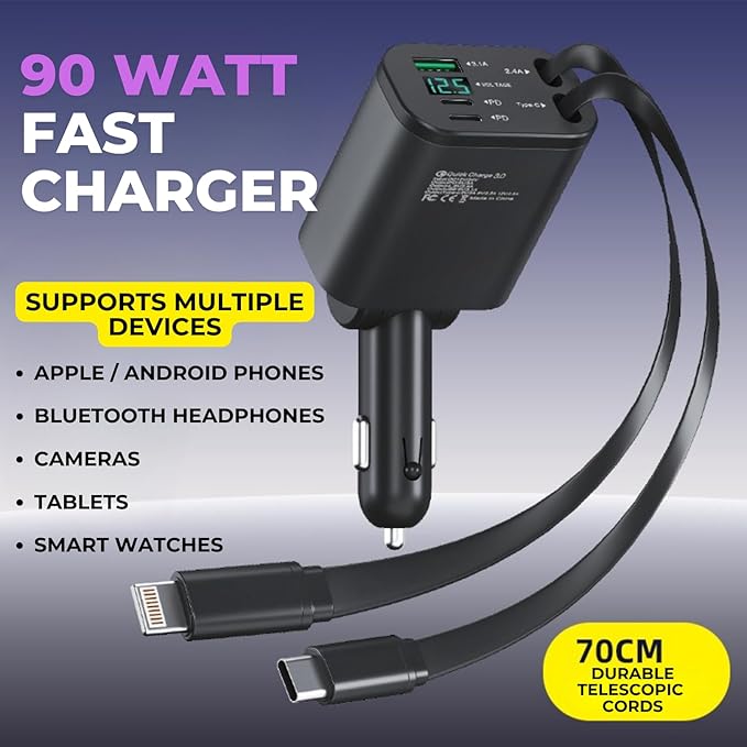 【Upgraded】 Retractable Car Charger 5 in 1 Fast Car Phone Charger | 2 Retractable Cords (Type-C & iOS) with Additional 3 Ports | Charge 5 Devices | Compatible with iPhone & Android Models
