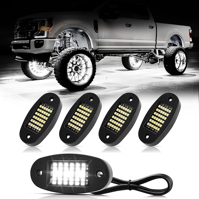 Hovano 4 Pods White Rock Lights 6000K Pure White 36 LEDs SMD Chips Super Bright Neon Underglow Light IP68 Waterproof for Pickup Trucks SUV UTV ATV RZR Car Boats (White)