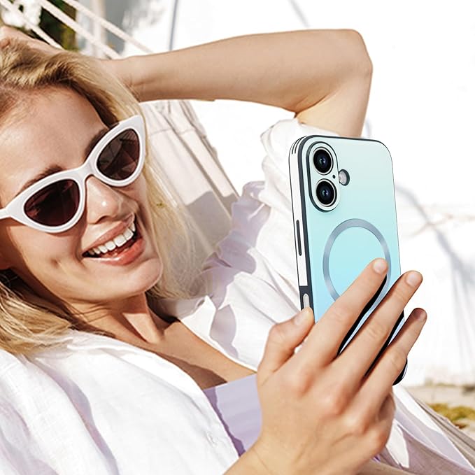 Guppy Compatible with iPhone 16 Plus Case Magnetic, with Full Camera Lens Protector [Compatible with MagSafe] Scratch Resistant Gradient Glass Back Cover Phone Case-Blue