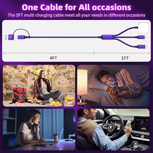 Travel Essentials 3in2 Multi Charging Cable for iPhone Watch Charger,USB A/C to Type C/IP/iWatch Charger,Travel Chargers for Multiple Devices Compatible with iWatch Series&iPhone 16-12（2PACK,5FT）