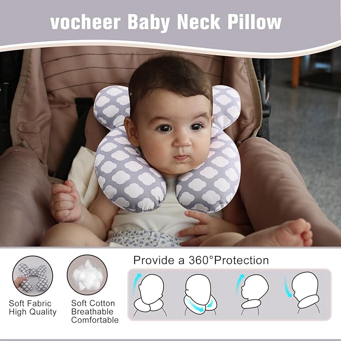 vocheer Baby Travel Pillow(Upgraded), Head and Neck Support Pillow for Pushchair, Car Seat,Stroller, Bouncer, Cotton（White Cloud）