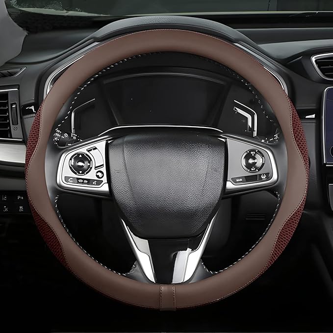 Car Steering Wheel Cover, Microfiber Breathable Ice Silk Leather Steering Wheel Cover Soft Anti-Slip Safety, 15inch Four Season Universal Fits for Most Truck,SUV,Cars (Coffee)