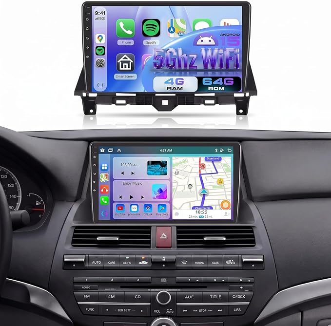 [4G+64G] Android 15.0 Car Stereo for Honda Accord 8th 2008-2013 Support Wireless Carplay/Android Auto with 10.1 Inch 1280 * 720P IPS Touchscreen 5Ghz-WiFi GPS Navigation BT FM/RDS Radio Backup Camera