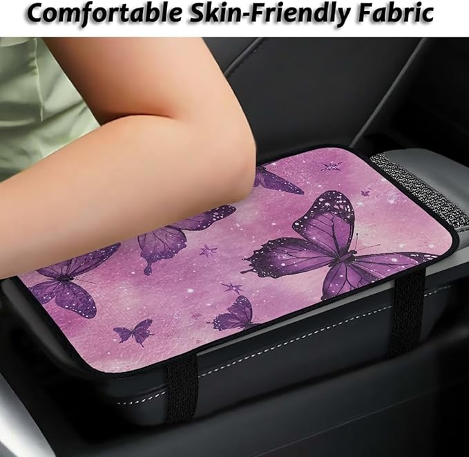Purple Butterfly Auto Armrest Cover Flannel Anti-Slip Armrest Cover Car Soft Comfortable Cover Center Console Lid Protector Universal Fit Sedans,Cars,Vans,SUV,Truck