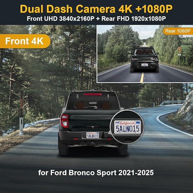 Fitcamx Front 4K+Rear 1080P Dash Cam Adapts for Ford Bronco Sport 2021-2025 (HD2-D5500), 5 Pin Plug, Integrated OEM Look, WiFi & APP, Dual HD Video, Loop Recording, G-Sensor, Easy to Set, 128GB Card