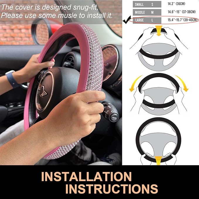PINCTROT Large Size Bling Comfy Steering Wheel Cover with Jumbo Crystal Rhinestones, Anti-Slip Diamond Leather, 15.5-15.75 Inch (All Pink)
