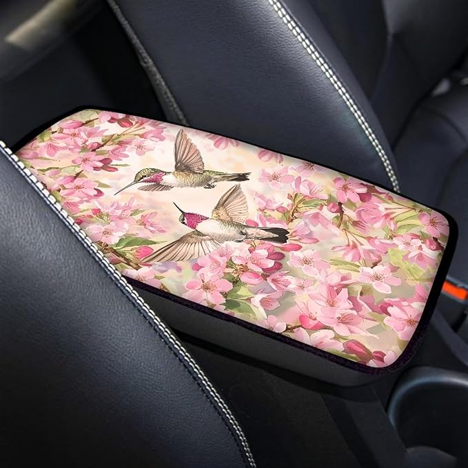 Pink Flower Hummingbirds Universal Center Console Armrest Soft Pad Protector Cover Center Console Cushion Fits for Most Vehicle,SUV,Truck Car Accessories