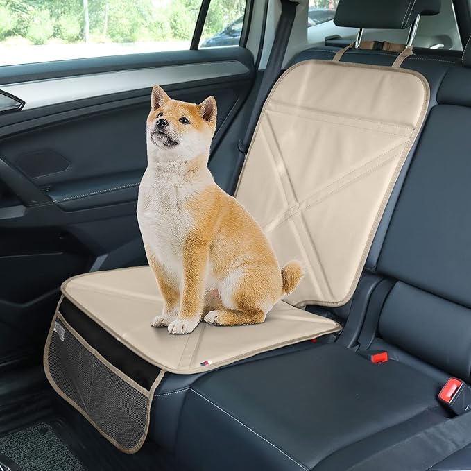 Car Seat Protector Leather Waterproof Child Safety Seat Protector Cover with Thick Pad and 2 Large Pockets Durable Kick Mat for All Auto Seat (Beige)