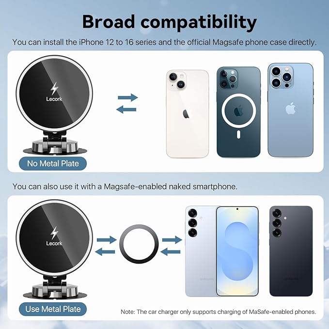 Lecork for Magsafe Car Mount, 15W Magnetic Wireless Charger for iPhone, Magsafe Air Vent Car Holder Charger for iPhone 17 Pro Max/16/15/14 13 12, Samsung S25/S25+/Ultra, RGB LED Design