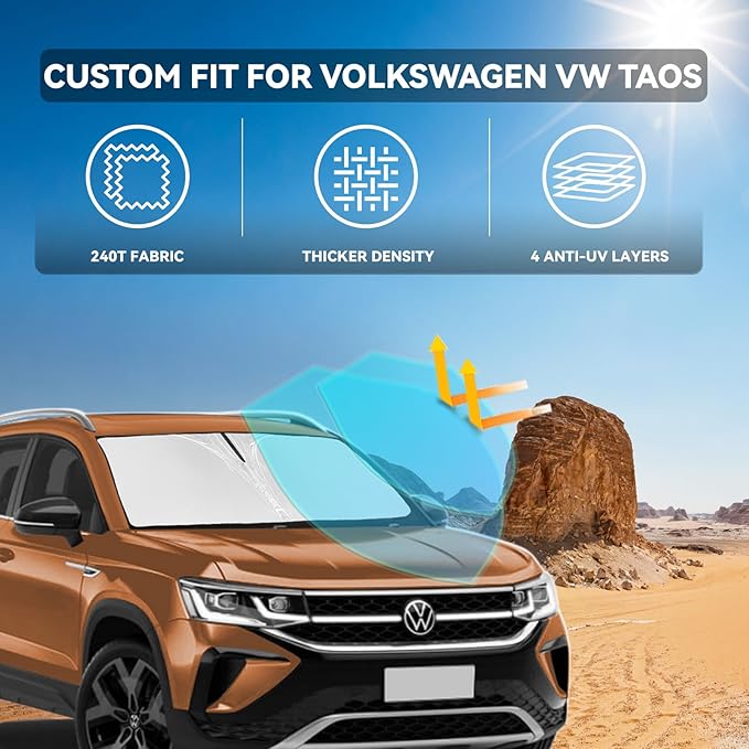 for Volkswagen VW Taos 2022-2025 2026 Windshield Sun Shade - 4 Layers Car Sunshades for Front Windows Shade Cover Custom Fit VW Taos Sun Visor 250T Retractable Shade Blocks UV Rays Car Accessories