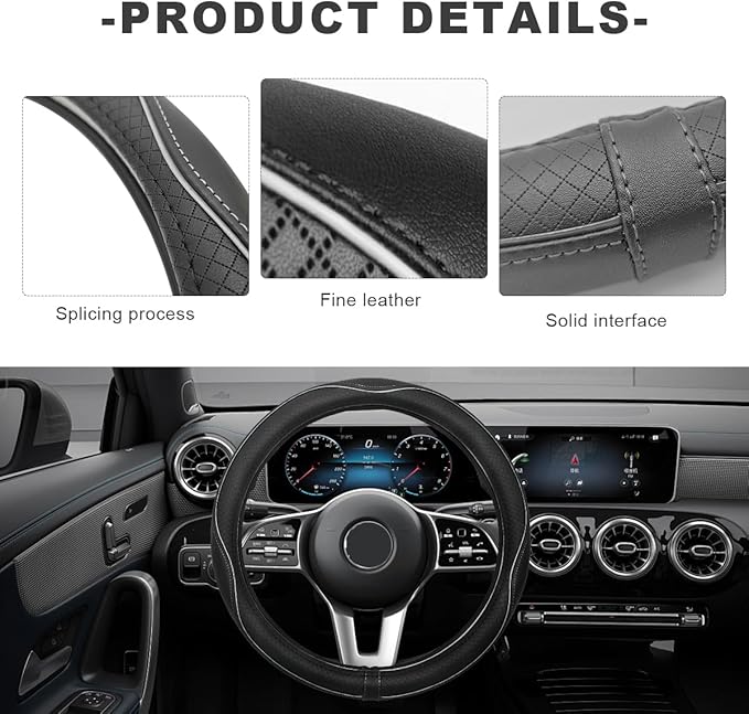 Car Steering Wheel Cover, 15 Inch Anti-Slip Breathable Leather Auto Steering Wheel Protector, Full Surround Soft Steering Wheel Cover for Men Women, Car Interior Accessories (Black & White)