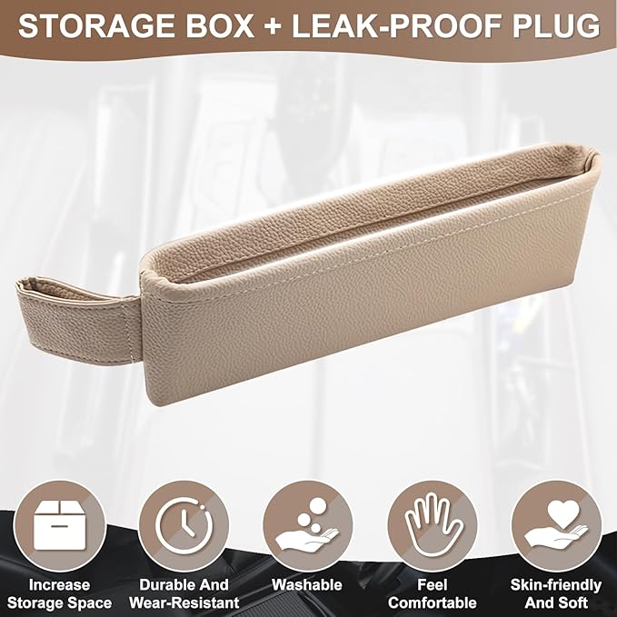 2 Pack Update Car Seat Gap Filler Organizer Leather Console Storage Box Front Side Pocket Seats Organizers Filler Interior Car Accessories for Phone Wallet Coin Key Sunglasses (Off-White)