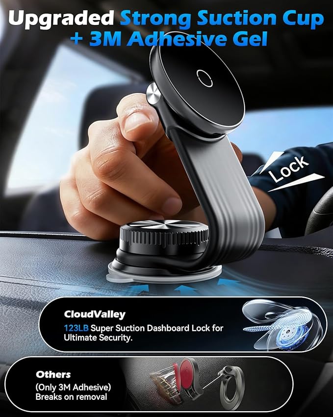 CloudValley Magnetic Car Mount with 15W Fast Charging, 360° Adjustable Bendable Aluminum Arm, Dashboard & Windshield Wireless Charger Phone Holder with Upgraded Silicone Adhesive Pad for iPhone