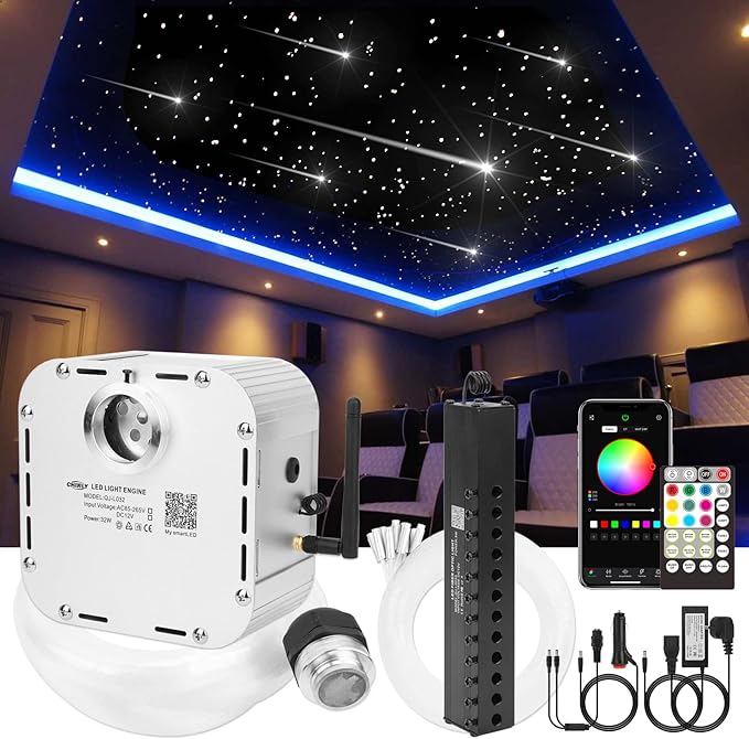 CHINLY 32W Meteor Twinkle 800pcs 13.1ft 0.03in Star Headliner Fiber Optic Lights kit+Shooting Stars Light kit,Music Mode Bluetooth APP Control Remote,RGBW Star Lights for Headliner/Ceiling/Theater