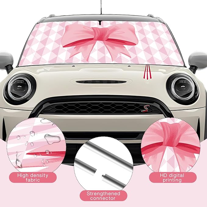 Car Windshield Sun Shade, Cute Bow Sun Visor - Wear-Resistant Black Tape, Foldable 59'x27.5'/63''x31.5''