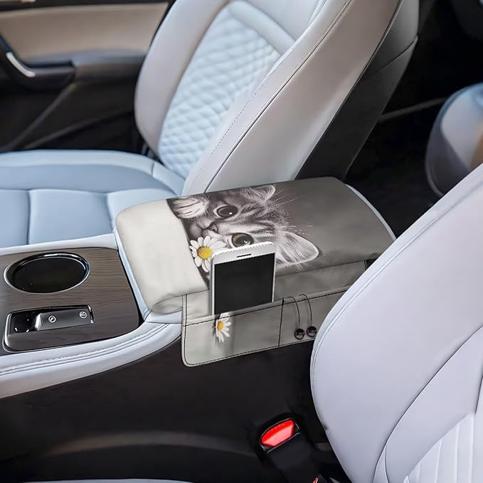Dreaweet Car Center Console Cover with Pockets Cute Cat Car Accessories for Women Easy to Install Arm Rest Cover for Car Soft Comfy Thick Car Armrest Cushion Storage Box Mat