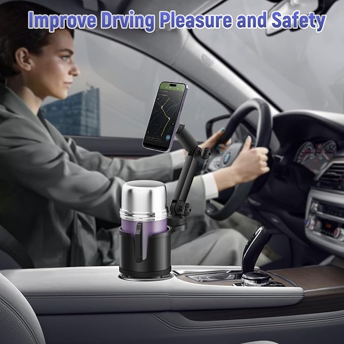Car Cup Holder with Magnetic Phone Holder, 360° Rotating Cup Holder Phone Holder for Car Truck SUV, Magnet Cup Holder Expander for iPhone Samsung, N52 Magnets Phone Holder for Car