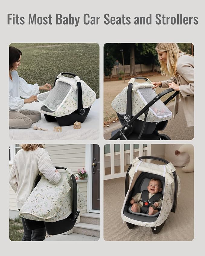 Blissful Diary Baby Car Seat Cover, Extra Large Mesh Window, Breathable Muslin Cotton, Infant Windproof Canopy, Must-Have Baby Gift - Botanical Leaf