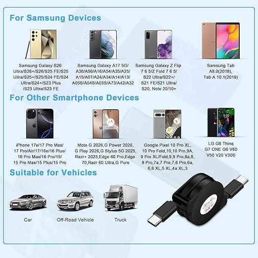 5Pack Retractable Car Charger USB C Cable Android Phone Charger Fast Charging Cord 3.3FT for iPhone 17 Pro Max 16e 15,Samsung Galaxy S26 Ultra/A17/A36/A37/A57/A56/S25FE/A16/A54/S24/Z Fold7,Pixel 10a 9