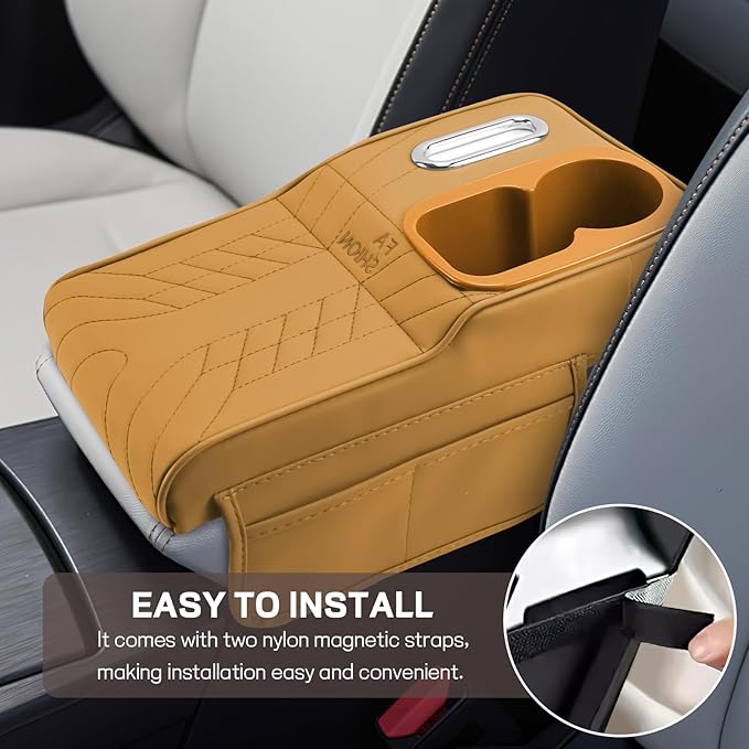 Car Center Console Armrest Pillow, 13.4"×7.5"×2" Leather Auto Arm Rest Cover with Pocket & Tissue Box & Cup Holder, Multifunctional Vehicle Armrest Cushion Pad, Car Accessories (Yellow)