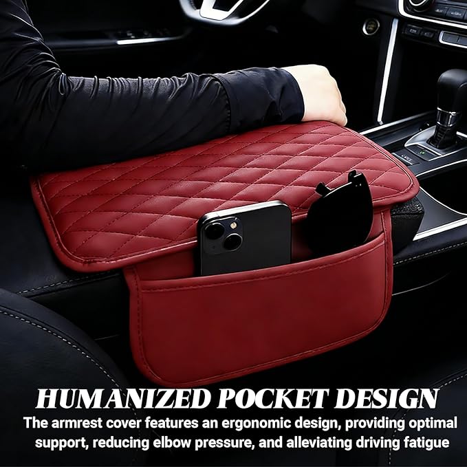 Car Center Console Cover, Upgraded Microfiber Car Armrest Cover Cushion, with 2 Storage Bags Scratch, Resistant Leather Cars Armrest Storage Box Universal Vehicles Accessories (Red)