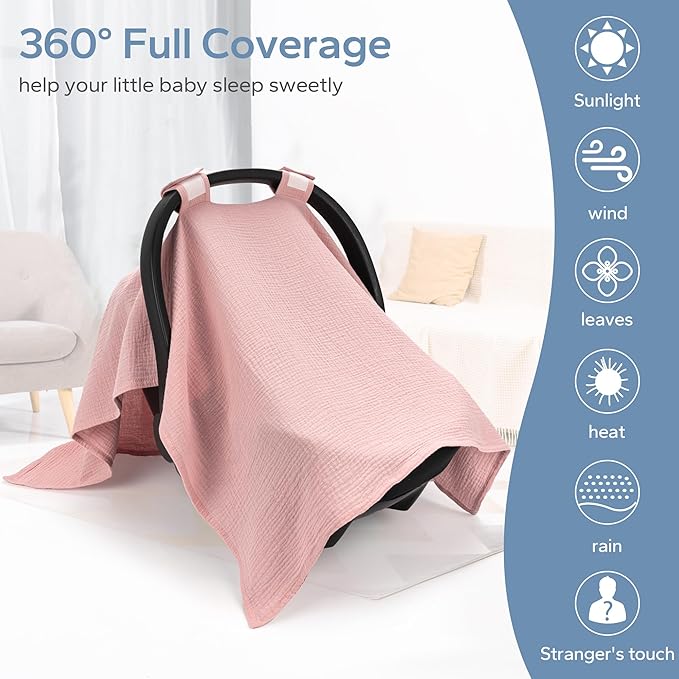 SERAPHY 100% Muslin Cotton Car Seat Cover Baby, Universal Carseat Covers, Breathable Baby Car Seat Canopy for Boys Girls, Soft Infant Car Seat Cover for Summer —Pink