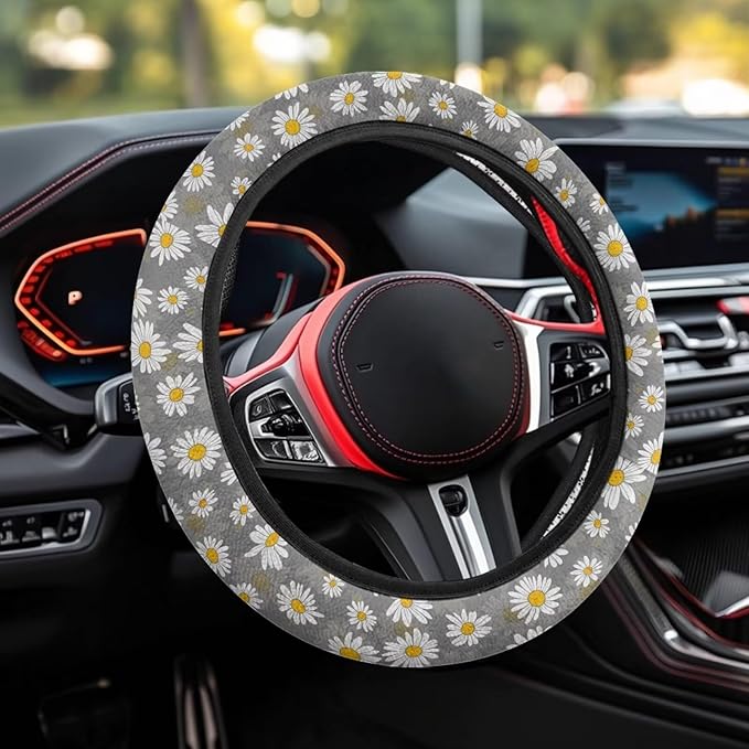 SEANATIVE White Daisy Car Steering Wheel Cover Universal Car Accessory for Diverse Cars Neoprene Dust Cover for Steering Wheel