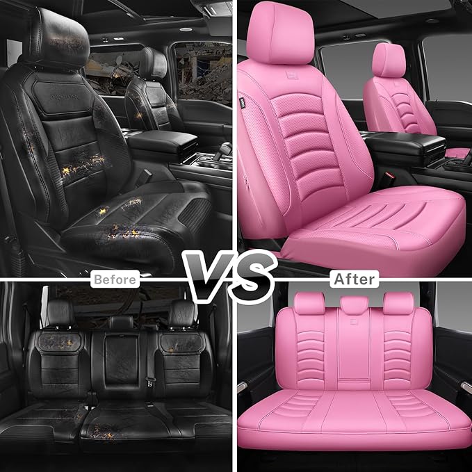 CAR PASS 3D Foam PU Leather Car Seat Covers, Universal Seat Covers Full Sets for Trucks SUV Sedan Automotive Seat Covers Armrest Airbag Compatible Waterproof Comfortable Faux Nappa Leather All Pink