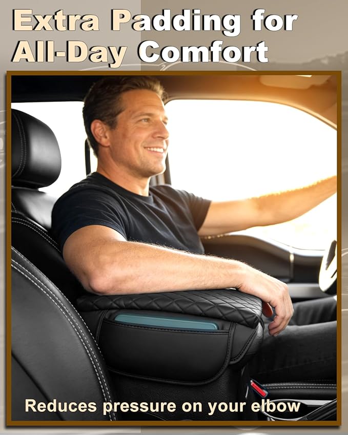 Armrest Cover for Jeep Wrangler JK Center Console Pad with Organizer Storage Pockets, Black Faux Leather Arm Rest Lid Cushion Accessories (2011-2017 Wrangler JK)