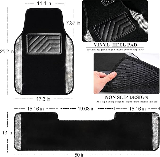 CAR PASS Bling Diamond Car Mats Shining Carpet Crystal Rhinestones Sparkly Glitter Floor Mats with Anti-Slip PVC Heel Pad Universal for Automotive SUV, Sedan, Van, 3pcs for Girl Women, Black Silver