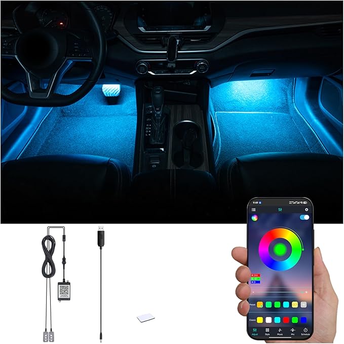 RGB Car Footwell Ambient Lighting Kit USB 16.7 Millions Colors Sound Active Music Sync APP Control Car Interior Multicolored Footwell Atmosphere Light