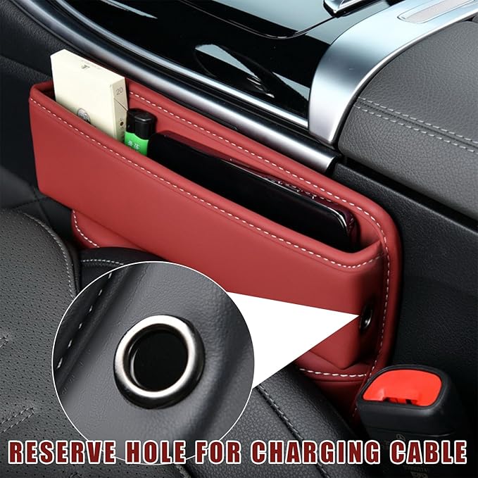 Ziciner Car Seat Gap Organizer, Premium Leather Auto Seat Storage Box, Vehicle Adjustable Front Seat Gap Filler, Car Seat Side Pocket Organizer for Phones, Glasses, Keys, Money, Cards (Red)
