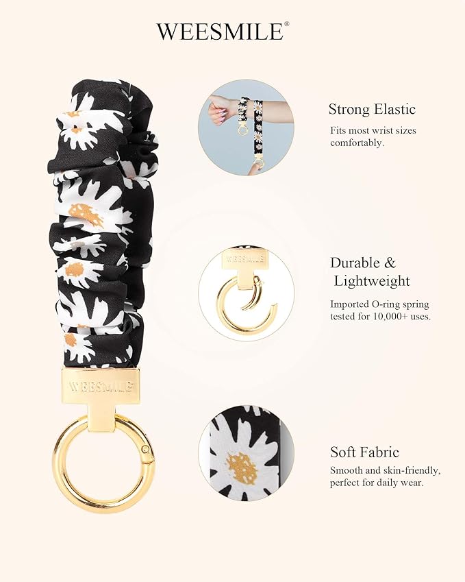 WEESMILE Keychain Wristlet, Stretchy Key Chain for Car Keys with D ring, Cute Scrunchie Wrist Bracelet for Women Men