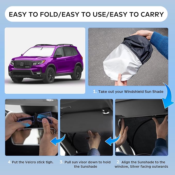 Sun Shade Sunshade for Honda Passport 2019-2024 2025 Windshield Cover, 4-Layers Sun Shield 250T Silver Sun Visor Foldable Front Window Shade for Passport Sport,SUV,EX-L,Touring,Eliten Car Accessories