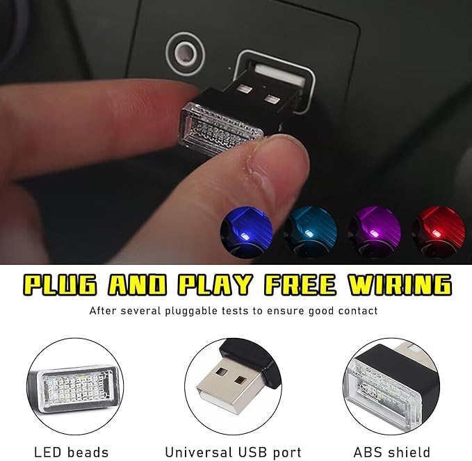 Augeny 4 PCS USB LED Car Interior Atmosphere Lamp, Plug-in USB Decor Night Light, Portable Auto Ambient Lighting Kit, Universal Vehicle Interior Accessories for Most Cars (Blue+Ice Blue+Red+Purple)
