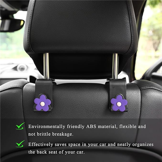 4 PCS Car Seat Headrest Hook, Plastic Headrest Hooks with Adhesive Flower, Auto Back Seat Hanger Storage Hook for Grocery Bag Purse Handbag Umbrella, Car Accessories (Purple)