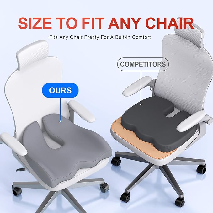 Benazcap X Large Memory Seat Cushion for Office Chair Ergonomic Cushions Butt Pillow for Pressure Relief Sciatica & Pain Relief Memory Foam for Long Sitting for Gaming Chair and Car Seat-Dark Grey