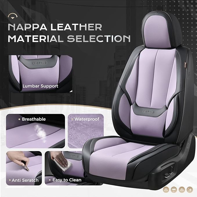 Coverado Seat Covers, Car Seat Covers Full Set, Leather Seat Covers for Cars, Car Seat Protector, Black Car Seat Covers Front Seats and Back Seats Universal Fit for Most Cars Purple