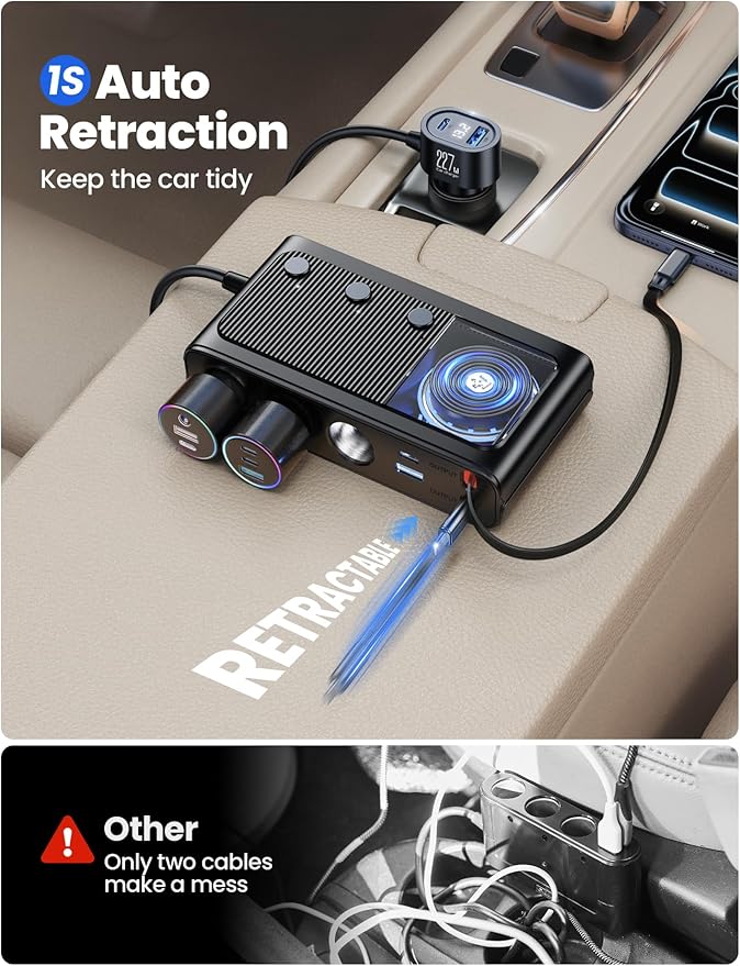 JOYROOM 9 in 1 Cigarette Lighter Splitter, 227W Dual Retractable Car Charger - 45W/24V(36W/12V) USB C Fast Charger for iPhone 17/Samsung, Independent Switches Cigarette Lighter Adapter for Car Devices