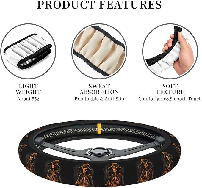 Funny Skeleton Skull Pumpkin Steering Wheel Cover Men, Comfortable Elastic Steering Car Wheel Cover Fit 15 inches Universal Accessories Suvs Trucks Decor