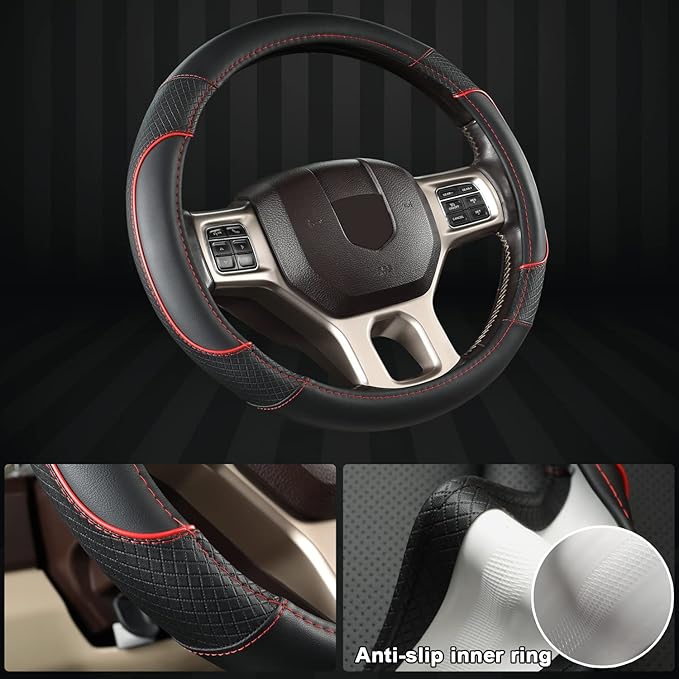 GIANT PANDA Car Steering Wheel Cover for Dodge Ram 1500 2500 3500 15.5-16 inches- Black+Red Trim