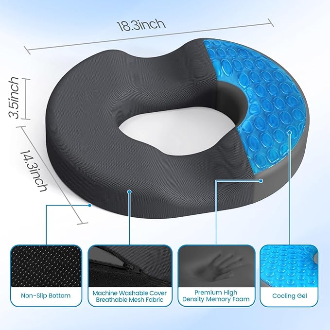 Donut Pillow Seat Cushion - Cooling Gel Outdoor Chair Cushions, Memory Foam Seat Cushion for Office & Home, Car Seat and Patio Furniture Cushions, Hemorrhoids Pillow and Tailbone Pain Relief, Grey