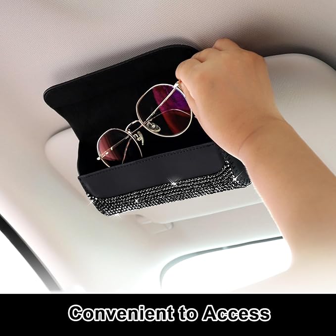 Accmor Bling Sunglasses Holder for Car Sun Visor, Sparkling Auto Glasses Clip Case Eyeglasses Protective Box, PU Leather Car Sunglass Storage Organizer for Truck, SUV, RV (Black Crystal)