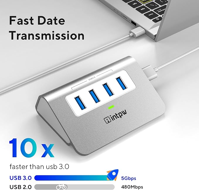 intpw USB 3.0 Hub, Aluminum 4 Port USB Data Hub 3.0 Port Extender Multiport Adapter with 3.3ft Cable ，USB Splitter for Laptop, PC/Xbox/Flash Drive/Printer/Camera/Keyborad/Mouse
