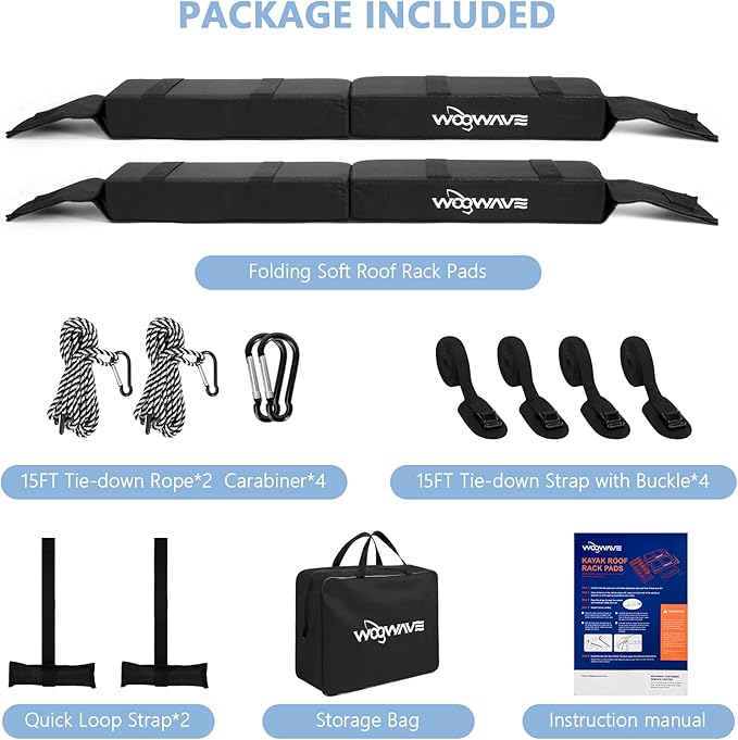 WOOWAVE Premium Kayak Roof Rack Pads Universal Car Soft Roof Rack Kayak Carrier for Canoe/Surfboard/Paddleboard/SUP/Snowboard with Tie Down Straps, Tie Down Rope, Quick Loop Strap and Storage Bag