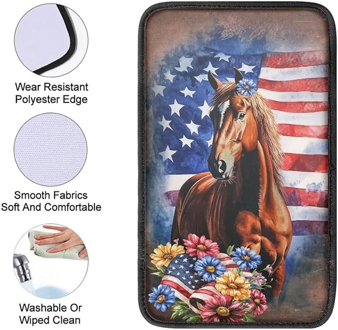 Suobstales Horse Daisy American Flag Print Car Armrest Pad Soft Center Console Arm Rest Protector Cover Universal Car Interior Accessories Decoration