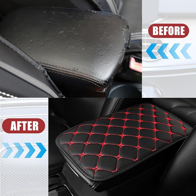 Car Center Console Cushion Pad, PU Leather Vehicle Armrest Cover Protector, Anti-Scratch Automotive Interior Arm Rest Seat Box Mat Accessories, Universal for SUV Sedan Truck (Black/Red)