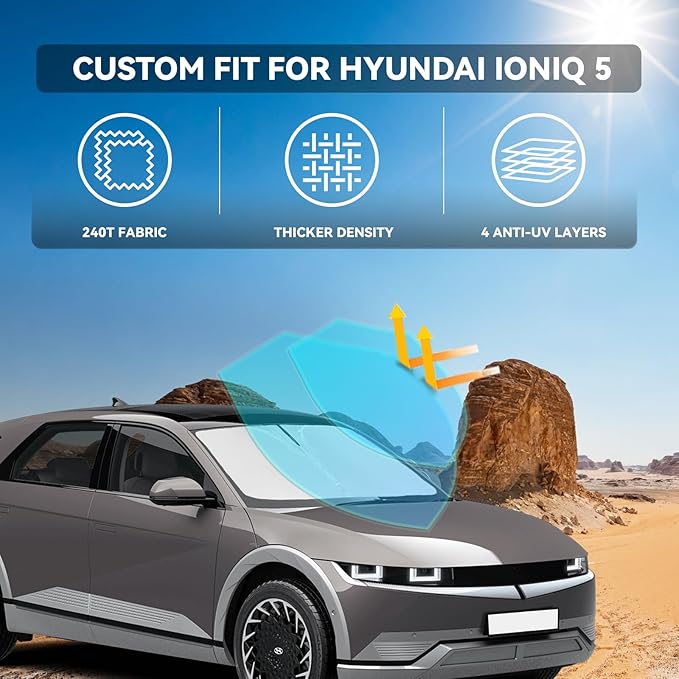 for Hyundai Ioniq 5 2022-2025 2026 Windshield Sun Shade - 4 Layers Car Sunshades for Front Windows Shade Cover Custom Fit Ioniq 5 Sun Visor 250T Retractable Shade Blocks UV Rays Car Accessories