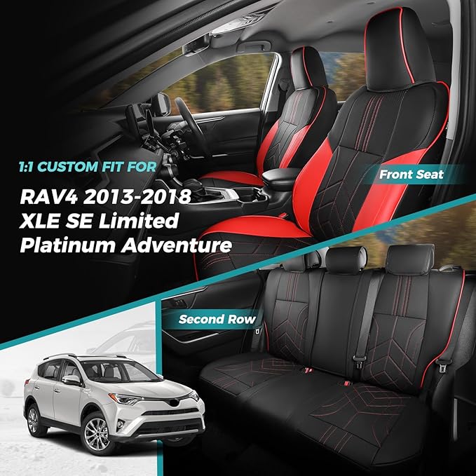 for Toyota RAV4 Seat Covers 2013 2014 2015 2016 2017 2018 RAV 4 XLE SE Limited Platinum Adventure (not for LE&Hybrid) - Custom Leather Car Seat Covers Full Set - BlackRed